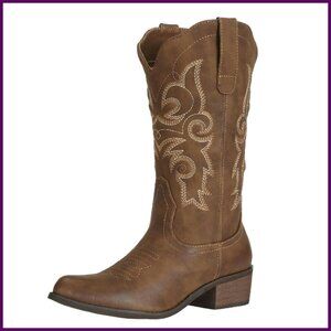 Women's Western Cowgirl Boots Mid Wide Calf Pointed Toe Riding Country